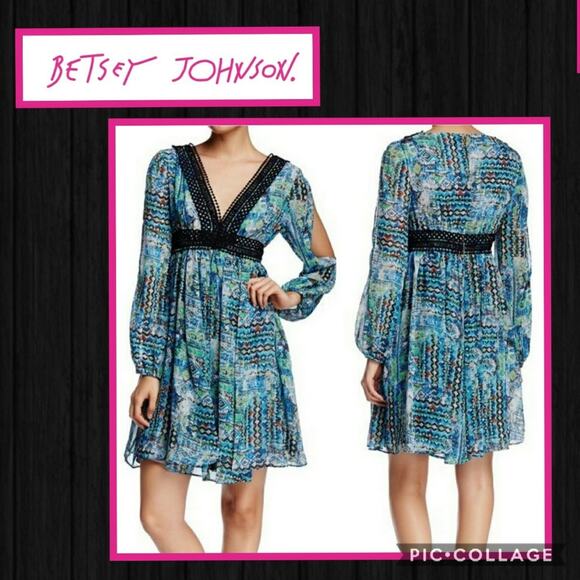 Betsey Johnson Gypset Watercolor Print Crochet trim Boho Chiffon dress size 6 - Picture 12 of 13